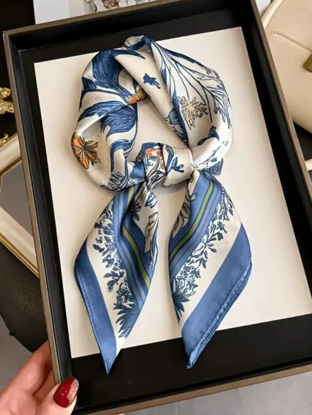 Silk-feel Floral Blue & Cream Neck Scarf , Head Scarf